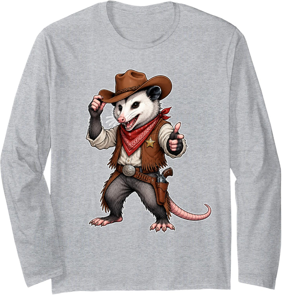 Opossum Possum Cowboy Funny Graphic Long Sleeve T-Shirt - Adult Unisex Heather Grey
