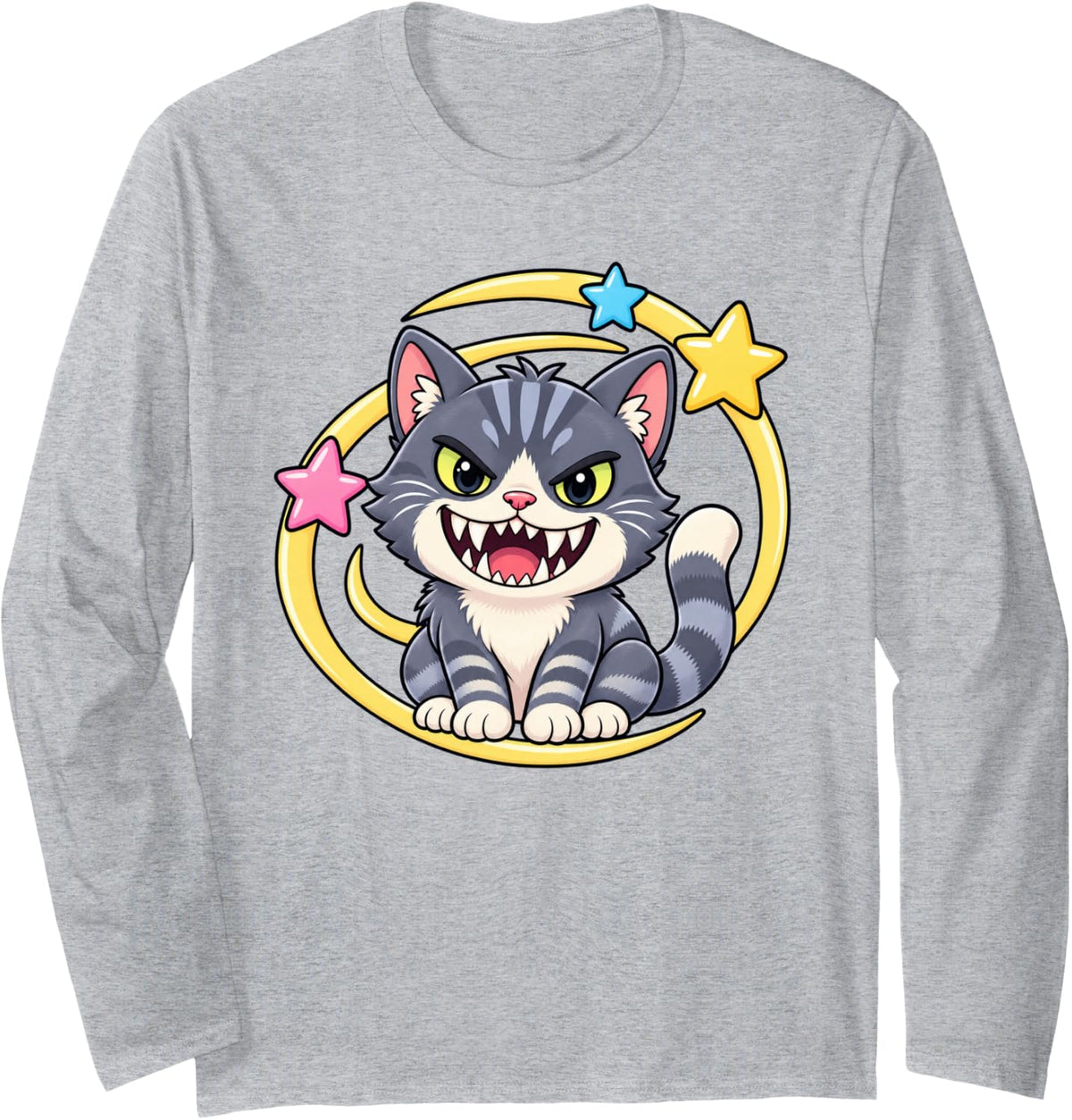 Cute Scary Gray Tabby Cat Stars Funny Kitty with Fangs Long Sleeve T-Shirt - Adult Unisex Heather Grey