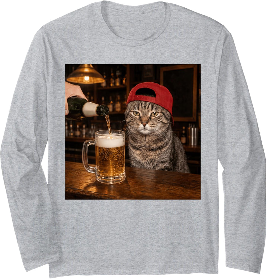 Funny Tabby Cat Drinking Beer Red Hat Graphic Long Sleeve T-Shirt - Adult Unisex Heather Grey