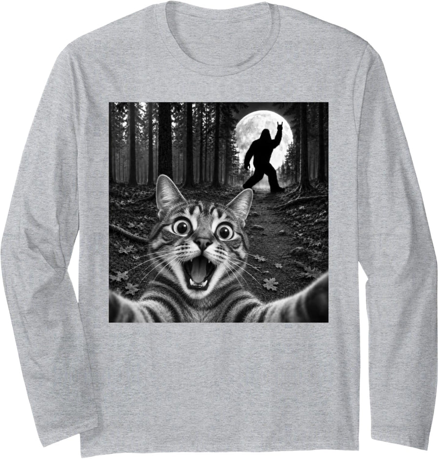 Tabby Cat Selfie with Bigfoot Rock and Roll Sasquatch Long Sleeve T-Shirt - Adult Unisex Heather Grey