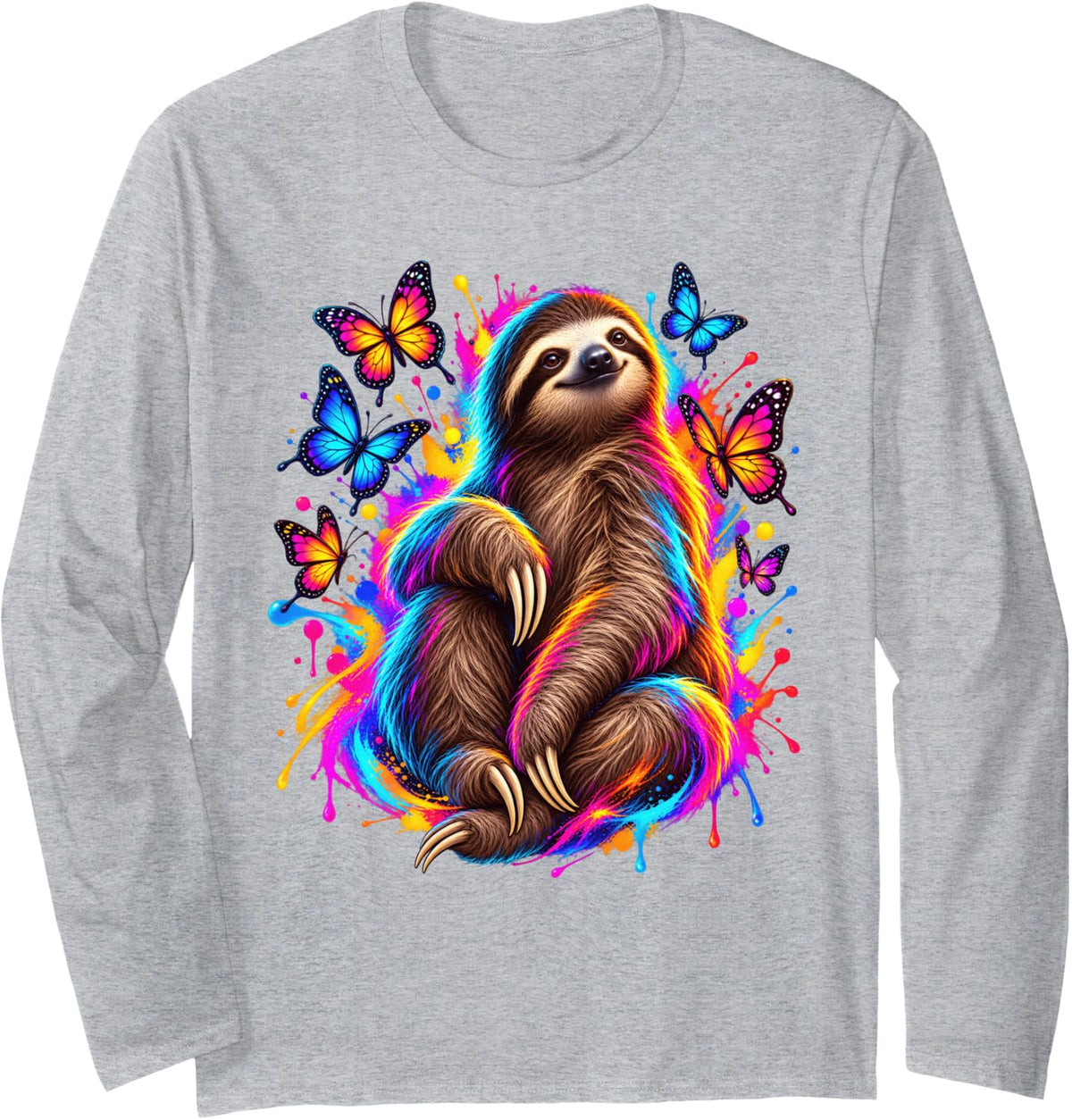 Sloth Colorful Splash Art Wildlife Animal Long Sleeve T-Shirt - Adult Unisex Heather Grey