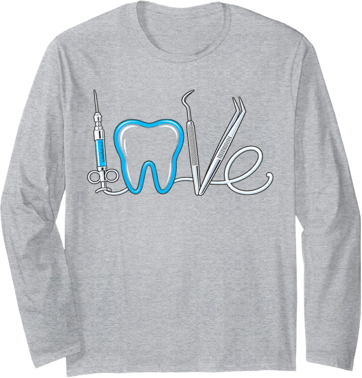 Love Dental Instruments Dentist Hygienist Long Sleeve T-Shirt - Adult Unisex Heather Grey