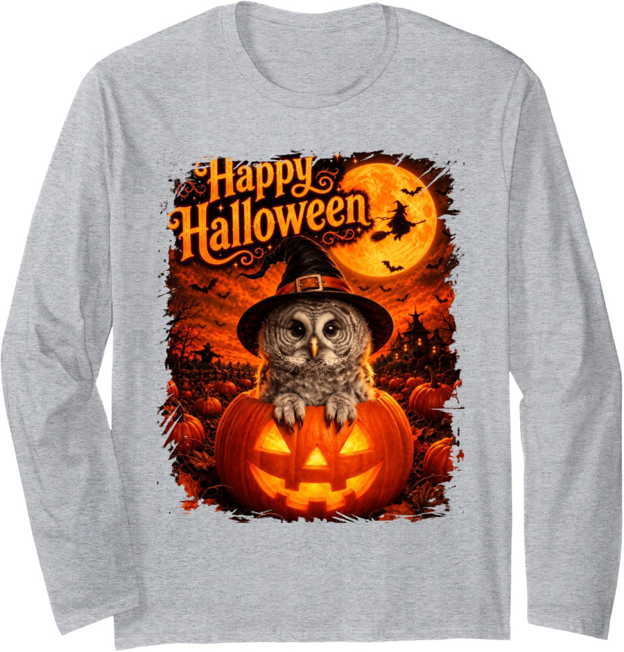 Cute Great Grey Owl Happy Halloween Night Long Sleeve T-Shirt - Adult Unisex Heather Grey