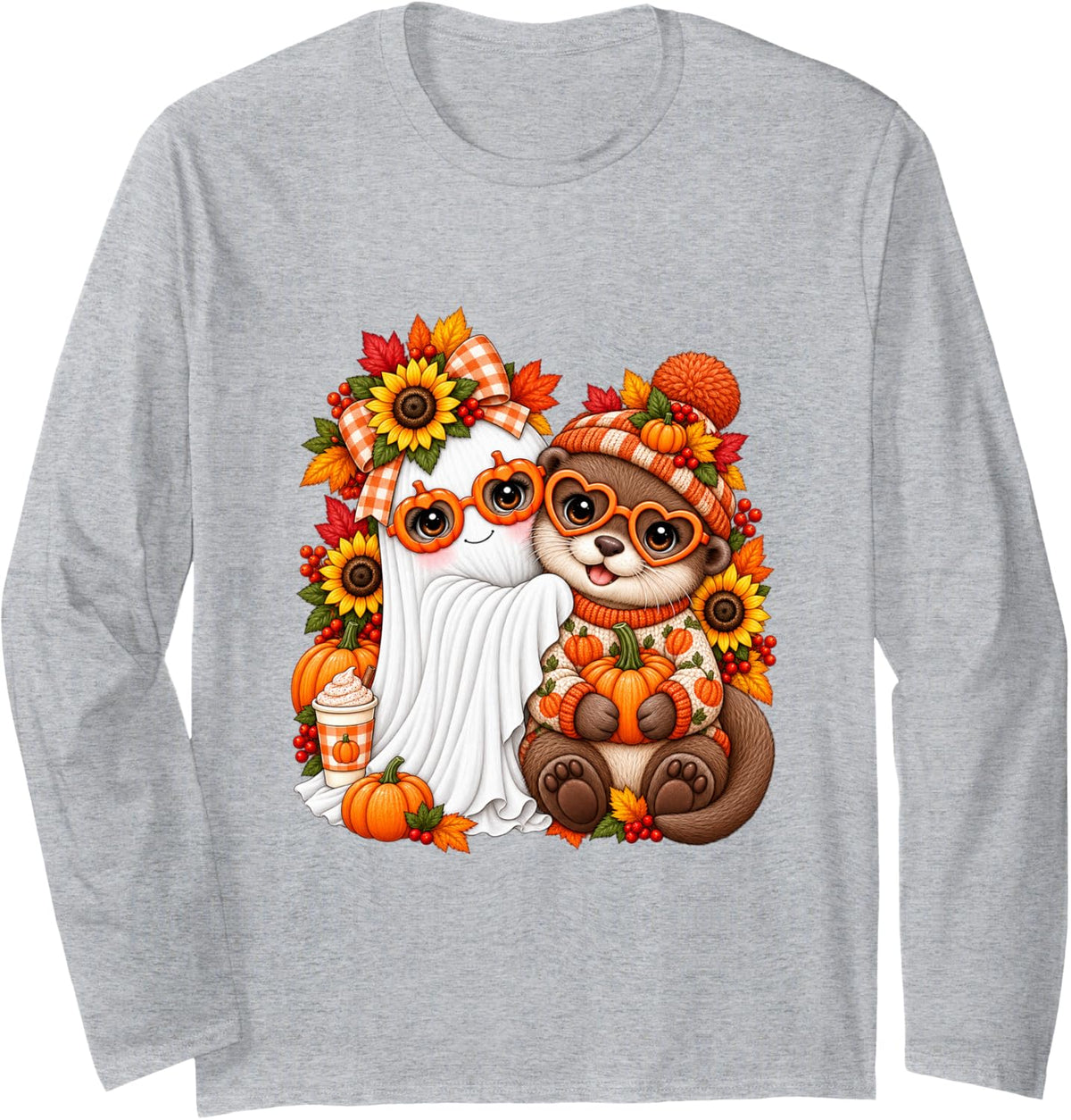 Cute Ghost Hugging Otter Spooky Fall Autumn Pumpkin Couples Long Sleeve T-Shirt - Adult Unisex Heather Grey