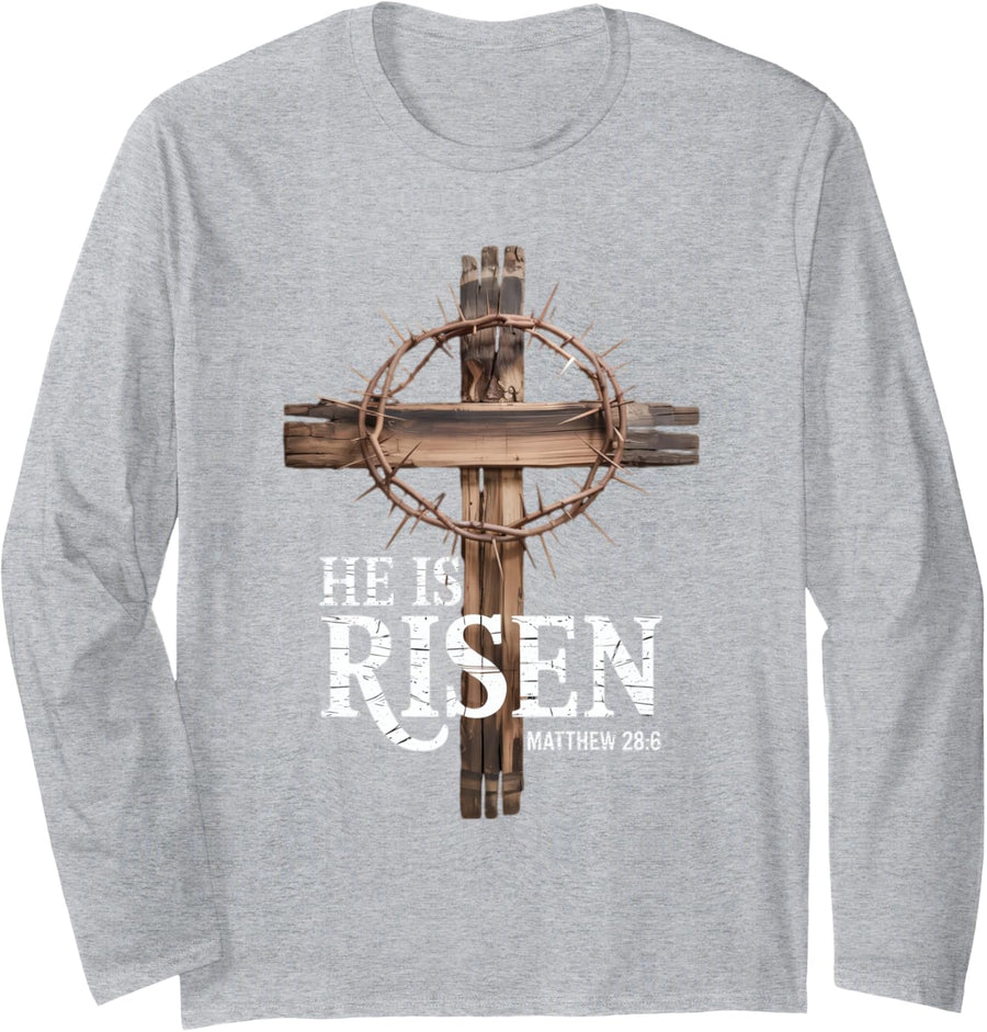 He Is Risen Christian Easter Matthew 28:6 Bible Verse Long Sleeve T-Shirt - Adult Unisex Heather Grey