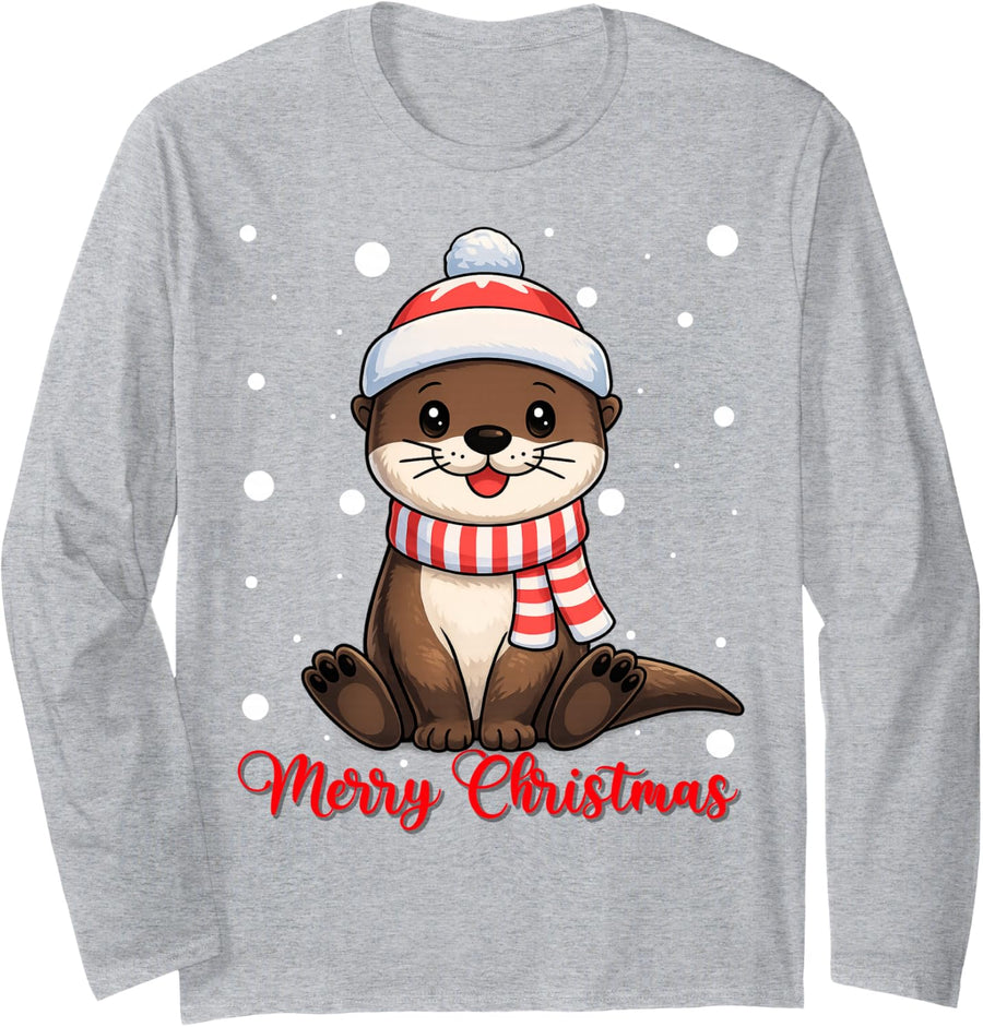 Merry Christmas Santa Hat Cute Otter Ugly Xmas Sweaters Long Sleeve T-Shirt - Adult Unisex Heather Grey