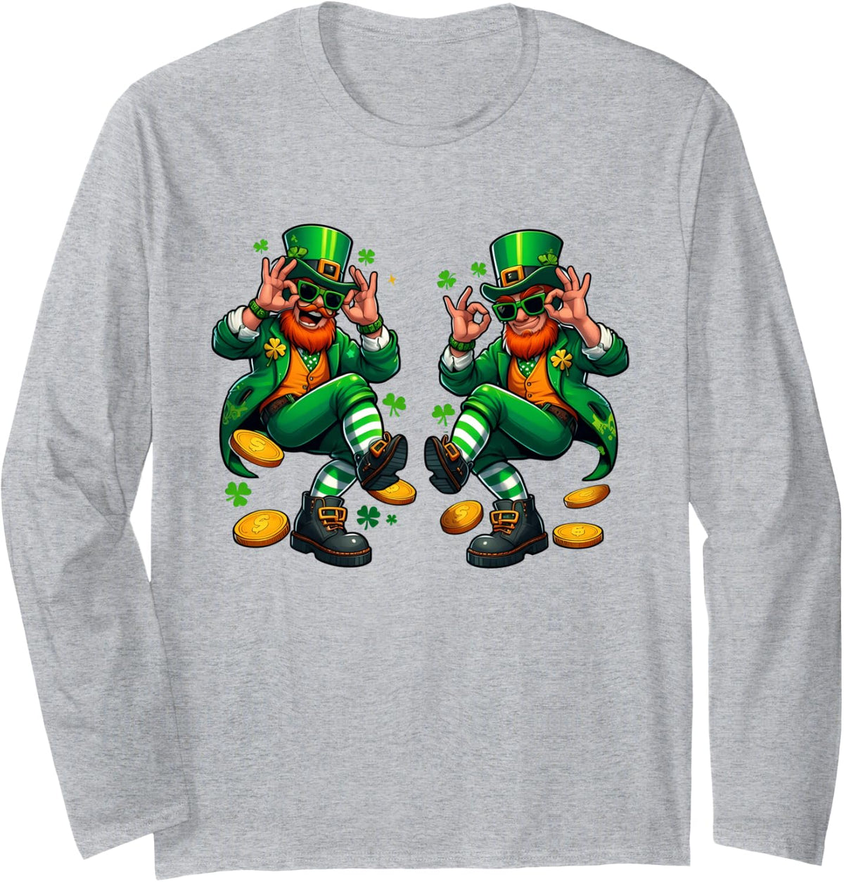 Funny Leprechaun Griddy Dance St Patrick's Day Pot of Gold Long Sleeve T-Shirt - Adult Unisex Heather Grey