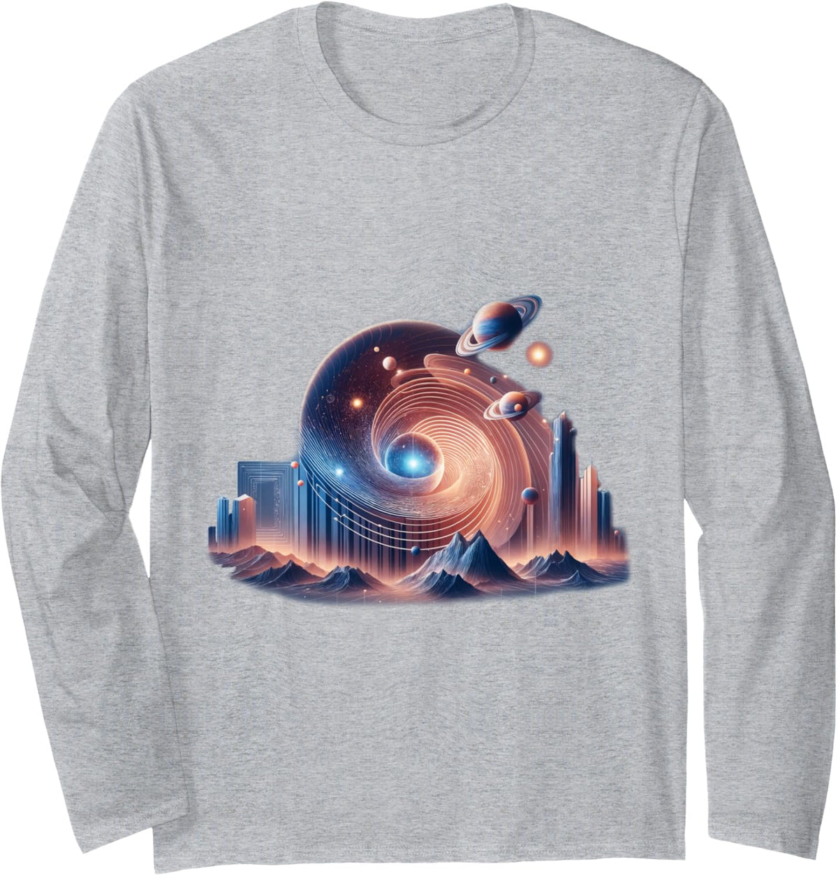 Quantum City with Wormhole on Bridge and White Hole Long Sleeve T-Shirt - Adult Unisex Heather Grey