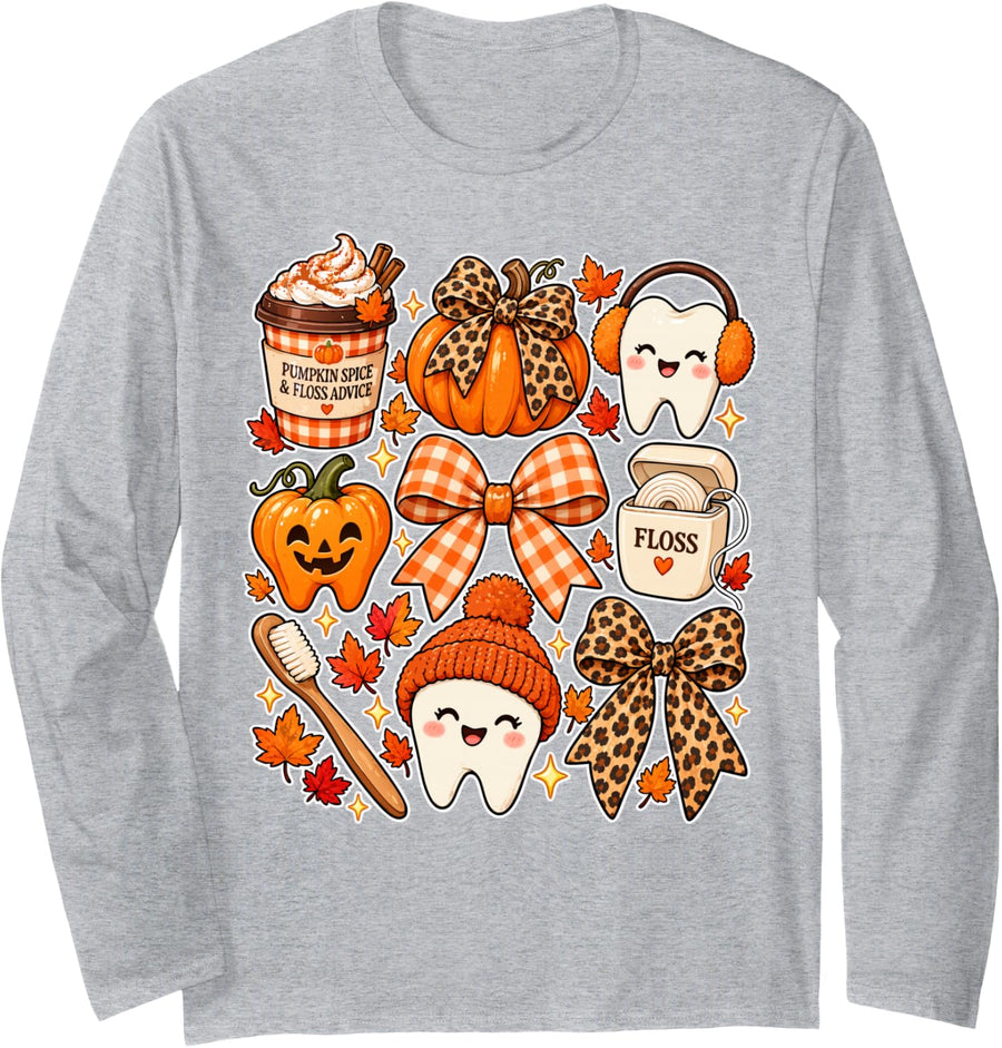 Fall Dentist Halloween Tooth Pumpkin Bow Dental Hygienist Long Sleeve T-Shirt - Adult Unisex Heather Grey