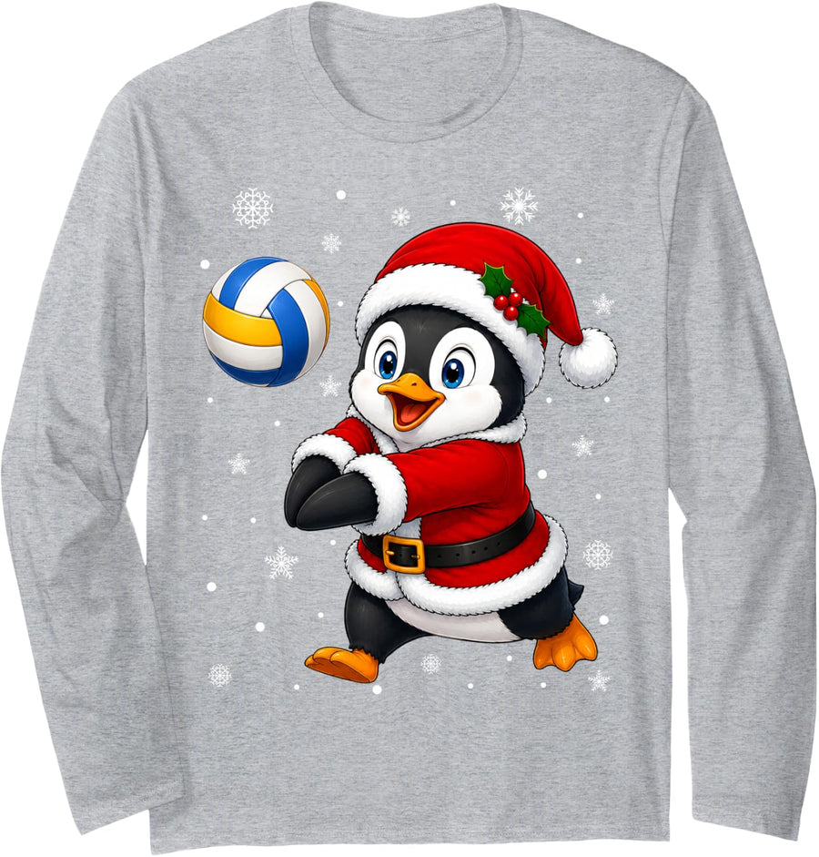 Penguin Playing Volleyball Christmas Sports Player Xmas Long Sleeve T-Shirt - Adult Unisex Heather Grey