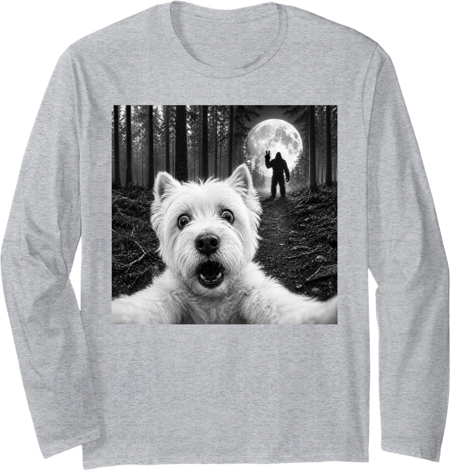 Westie Selfie with Bigfoot Peace Sign Funny Sasquatch Long Sleeve T-Shirt - Adult Unisex Heather Grey
