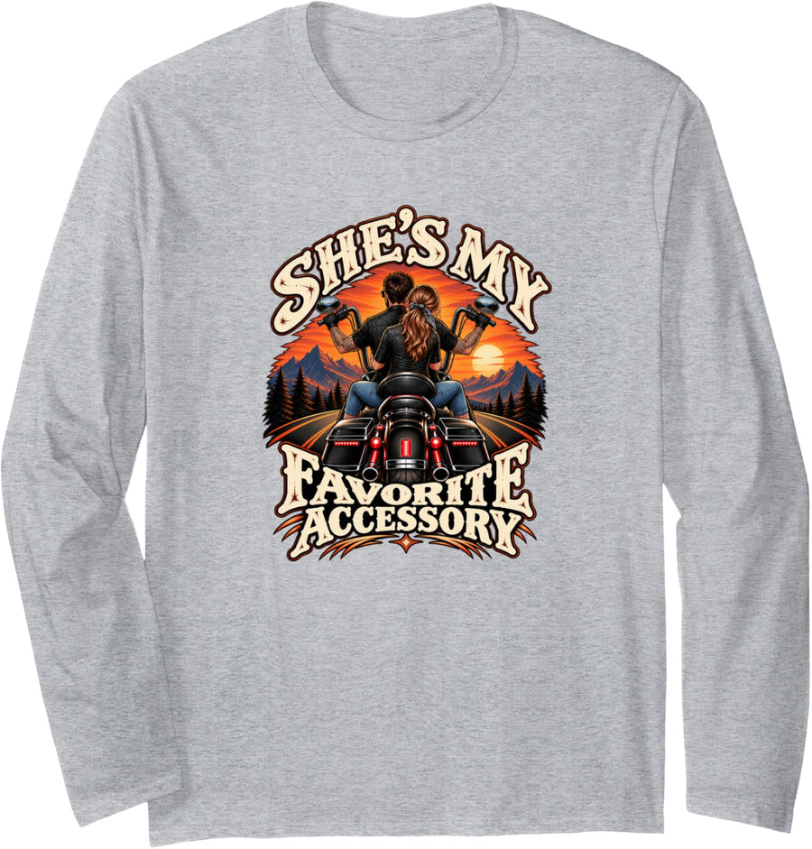 She's My Favorite Accessory Funny Motorcycle Biker Gear Long Sleeve T-Shirt - Adult Unisex Heather Grey