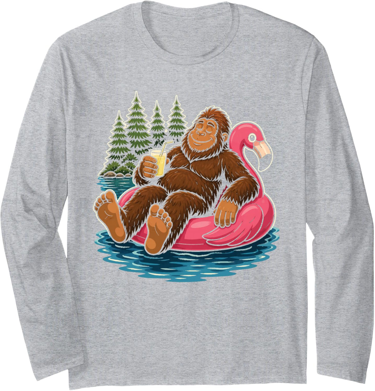 Bigfoot Summer Lake Flamingo Pool Float Funny Sasquatch Long Sleeve T-Shirt - Adult Unisex Heather Grey