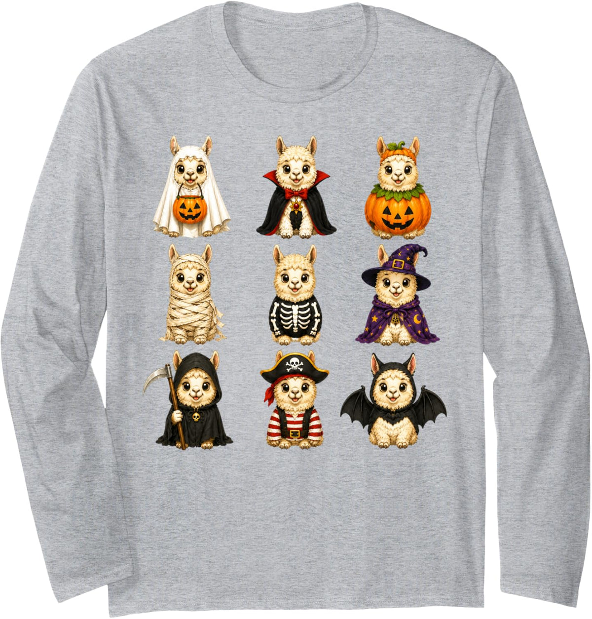 Cute Halloween Llama Pumpkin Ghost and Witch Costumes Long Sleeve T-Shirt - Adult Unisex Heather Grey