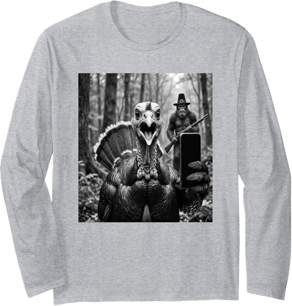Turkey Selfie with Big Foot Hunting, Funny Thanksgiving Long Sleeve T-Shirt - Adult Unisex Heather Grey