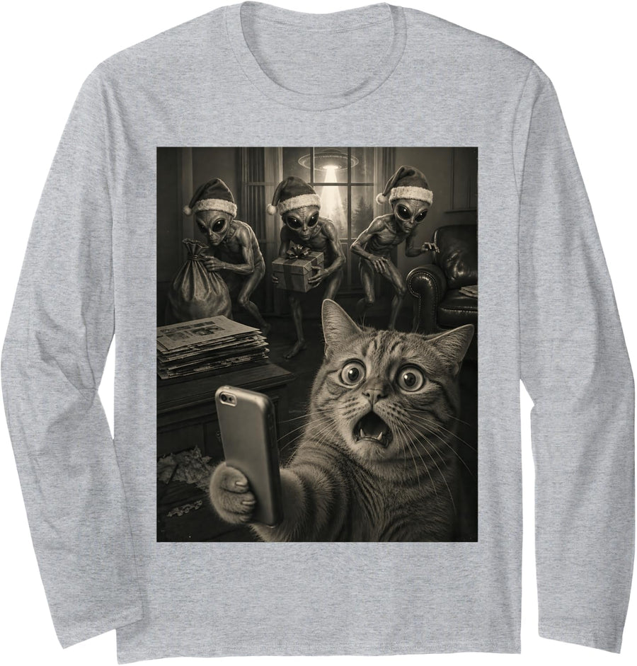 Halloween Selfie Alien Tabby Cat Christmas Long Sleeve T-Shirt - Adult Unisex Heather Grey