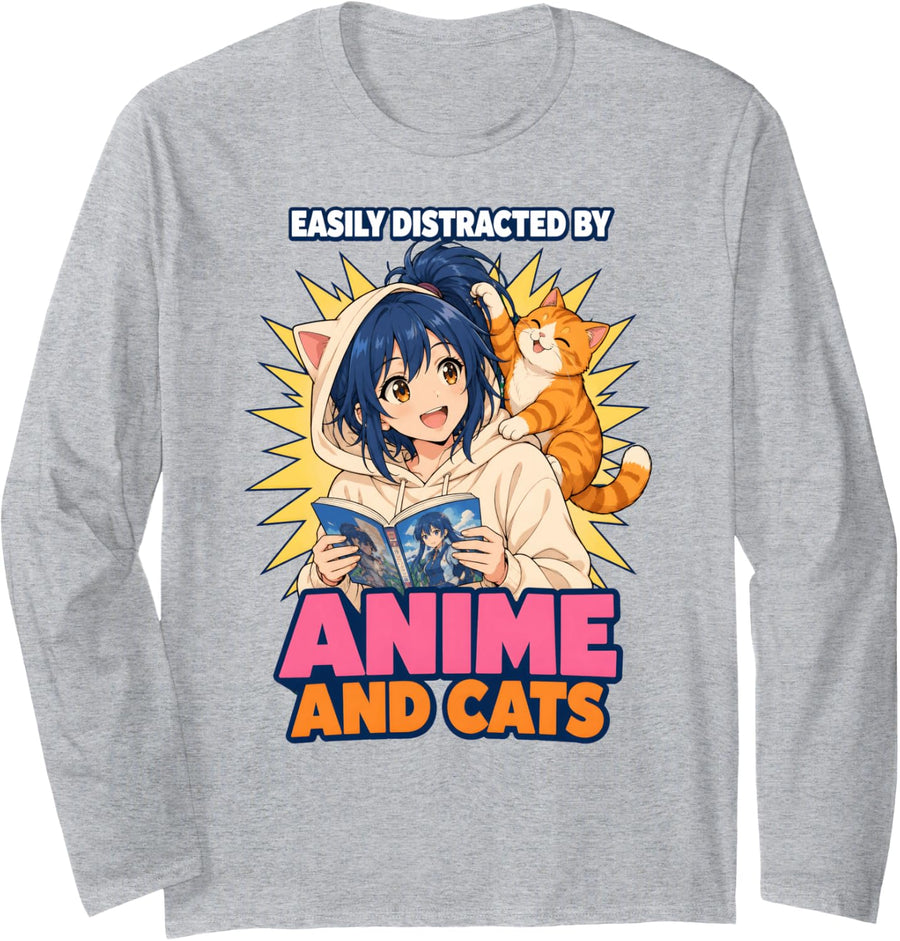 Easily Distracted By Anime and Cats Funny Cat Lover Otaku Long Sleeve T-Shirt - Adult Unisex Heather Grey