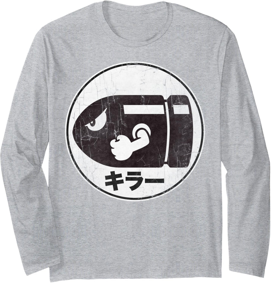 Super Mario Bullet Bill Distressed Kanji Logo Long Sleeve T-Shirt - Adult Unisex Heather Grey