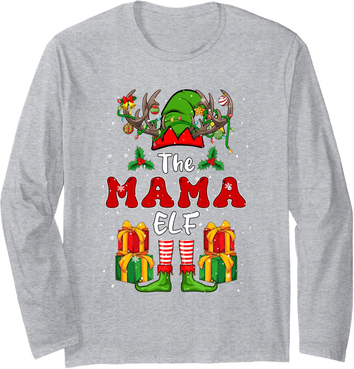 Mama Elf Christmas Reindeer Costume Colorful Lights Long Sleeve T-Shirt - Adult Unisex Heather Grey