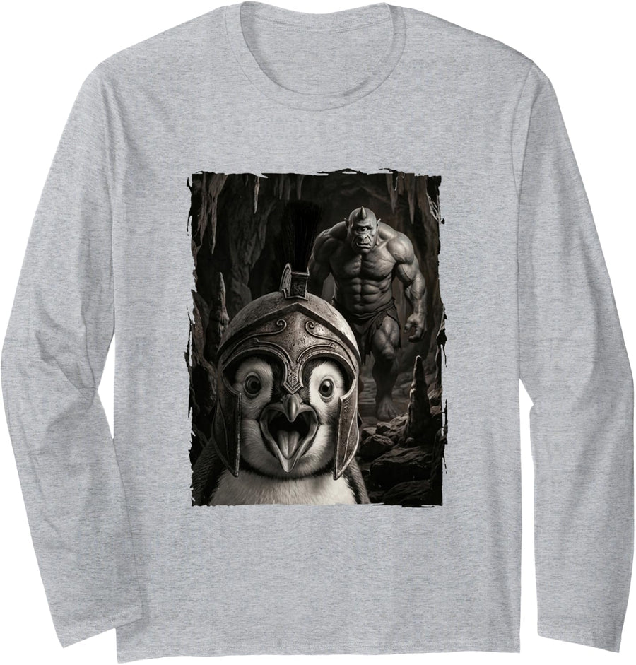 Funny Greek Warrior Spartan Helmet Penguin Long Sleeve T-Shirt - Adult Unisex Heather Grey