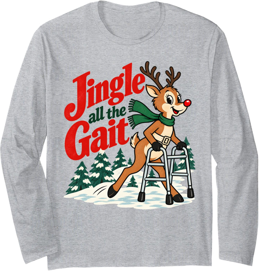 Jingle All the Gait Funny Christmas Physical Therapist Long Sleeve T-Shirt - Adult Unisex Heather Grey