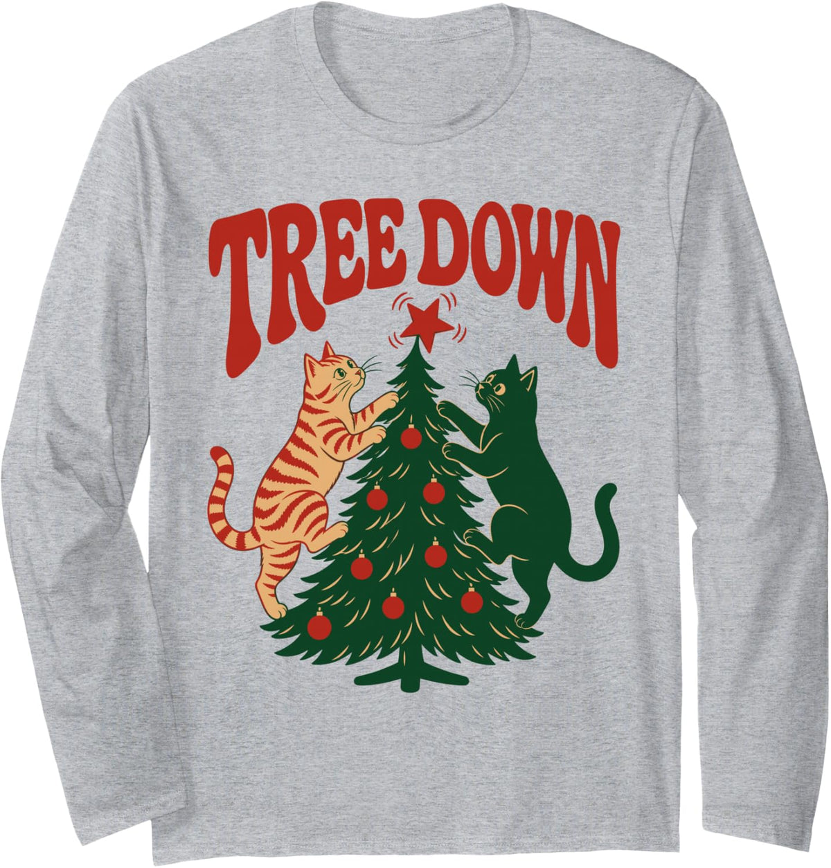 Tree Down Cat Christmas Tabby and Black Cat Long Sleeve T-Shirt - Adult Unisex Heather Grey