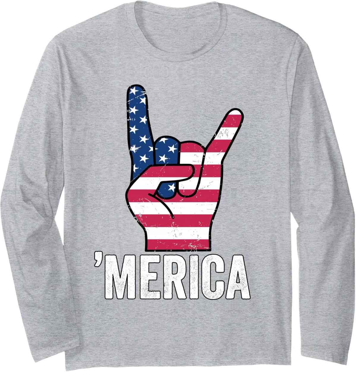 Merica Rock Hand Vintage USA Flag Patriotic Long Sleeve T-Shirt - Adult Unisex Heather Grey