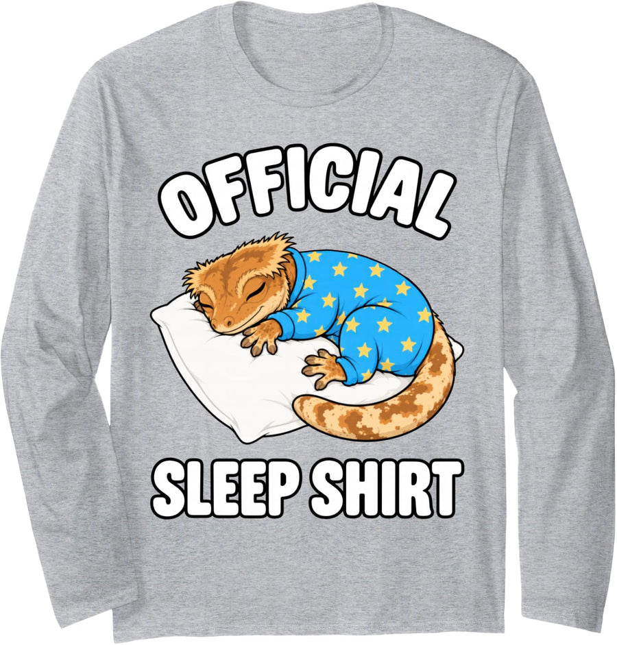 Crested Gecko Sleeping in Pajamas Official Sleepshirt Cute Long Sleeve T-Shirt - Adult Unisex Heather Grey