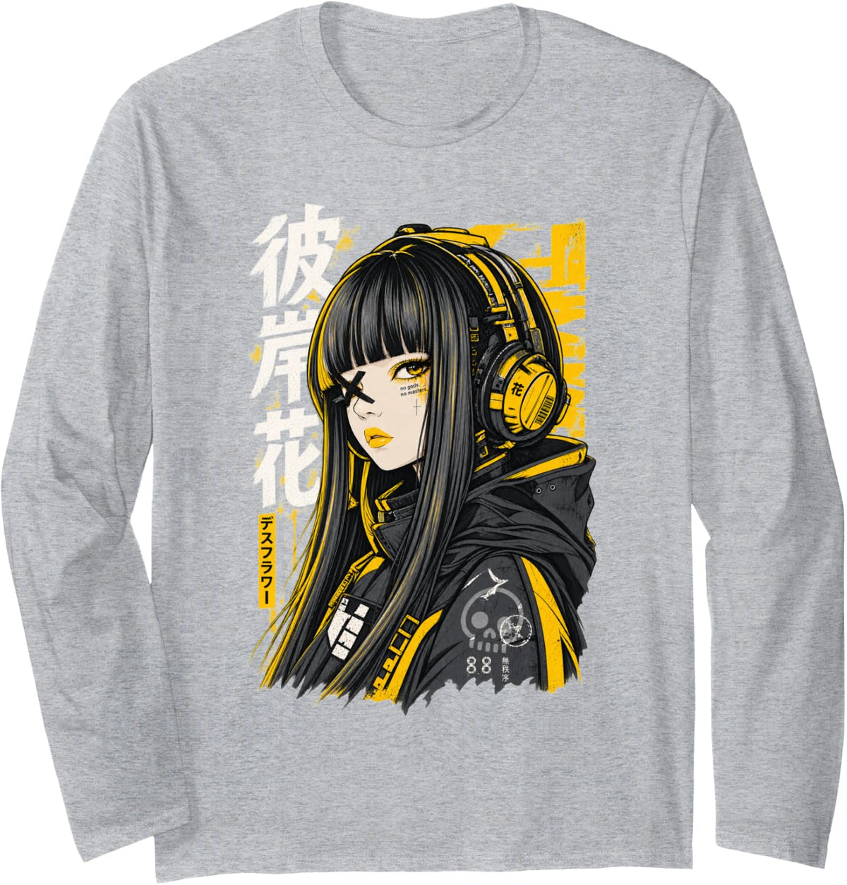 Japanese Cyberpunk Girl Y2K Techwear Harajuku Streetwear Long Sleeve T-Shirt - Adult Unisex Heather Grey