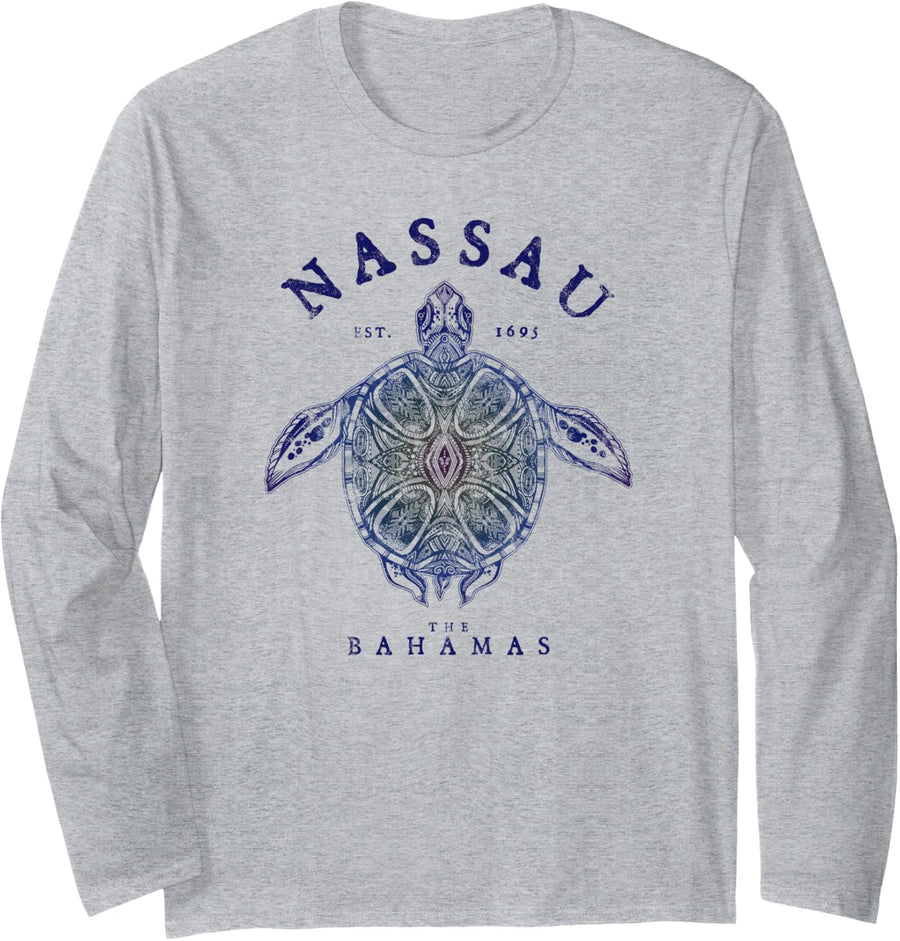 Nassau Bahamas Tortoise Turtle Tribal Diving Fishing Long Sleeve T-Shirt - Adult Unisex Heather Grey