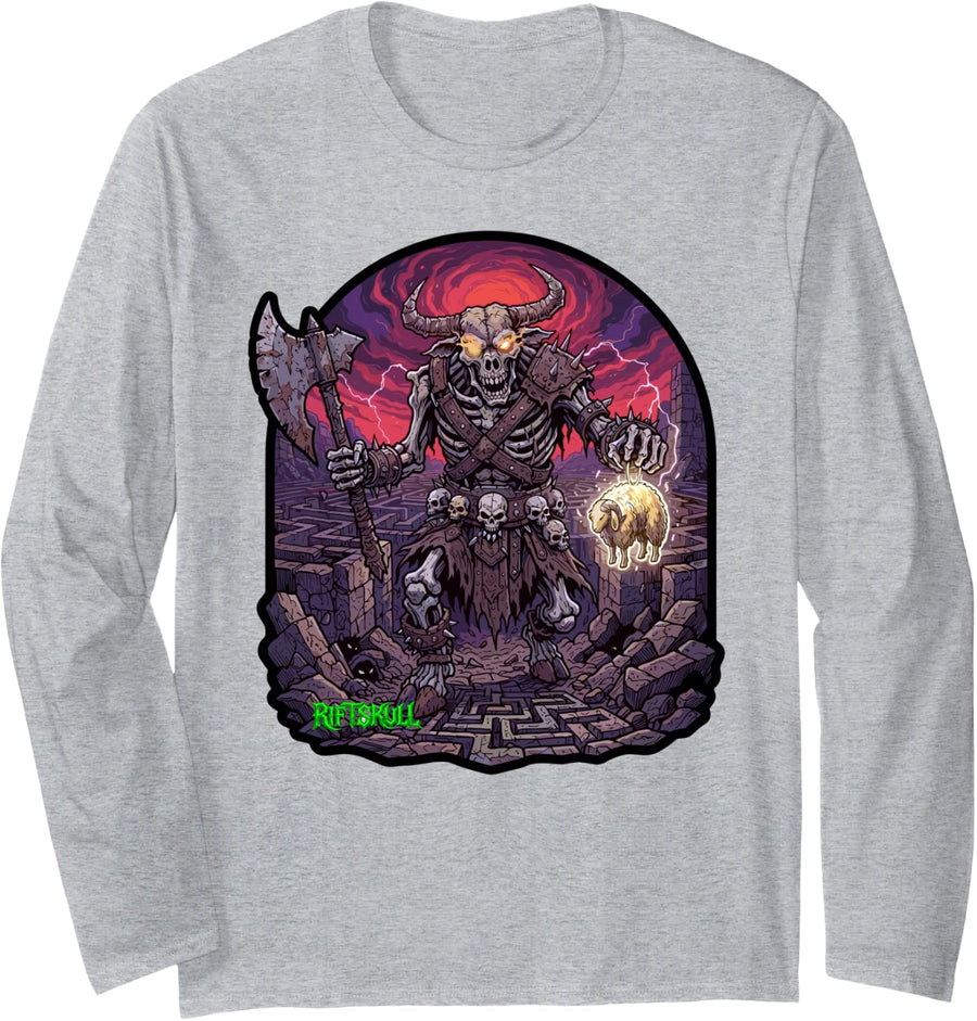 Skeleton Greek Mythology Minotaur Heavy Metal Dark Fantasy Long Sleeve T-Shirt - Adult Unisex Heather Grey
