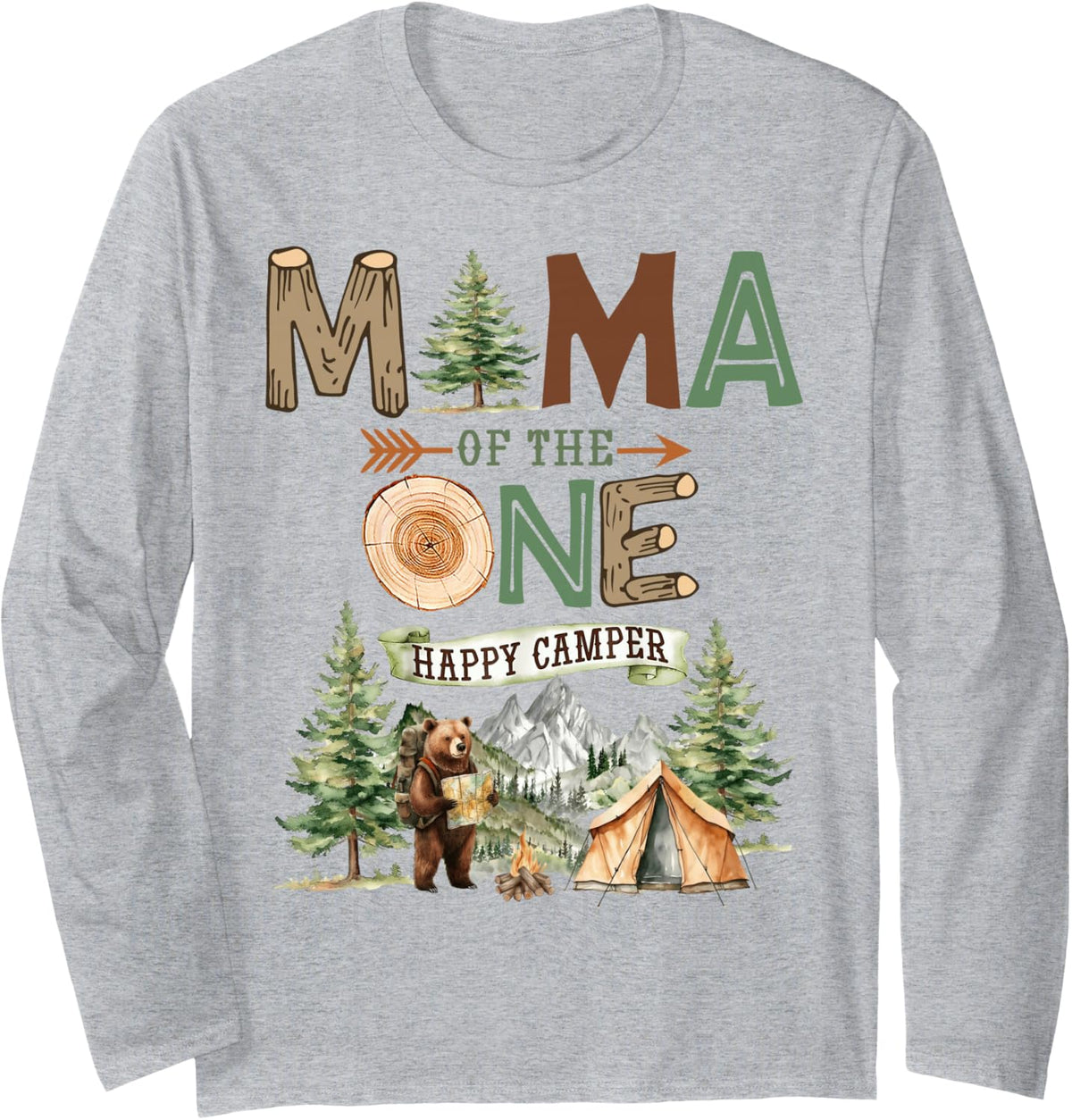 Mama of The One Happy Camper 1st Birthday Camping Long Sleeve T-Shirt - Adult Unisex Heather Grey