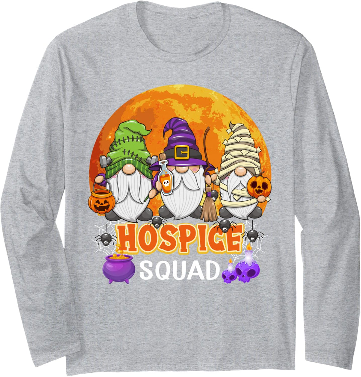 Hospice Squad Halloween Nurse Gnome Matching Long Sleeve T-Shirt - Adult Unisex Heather Grey
