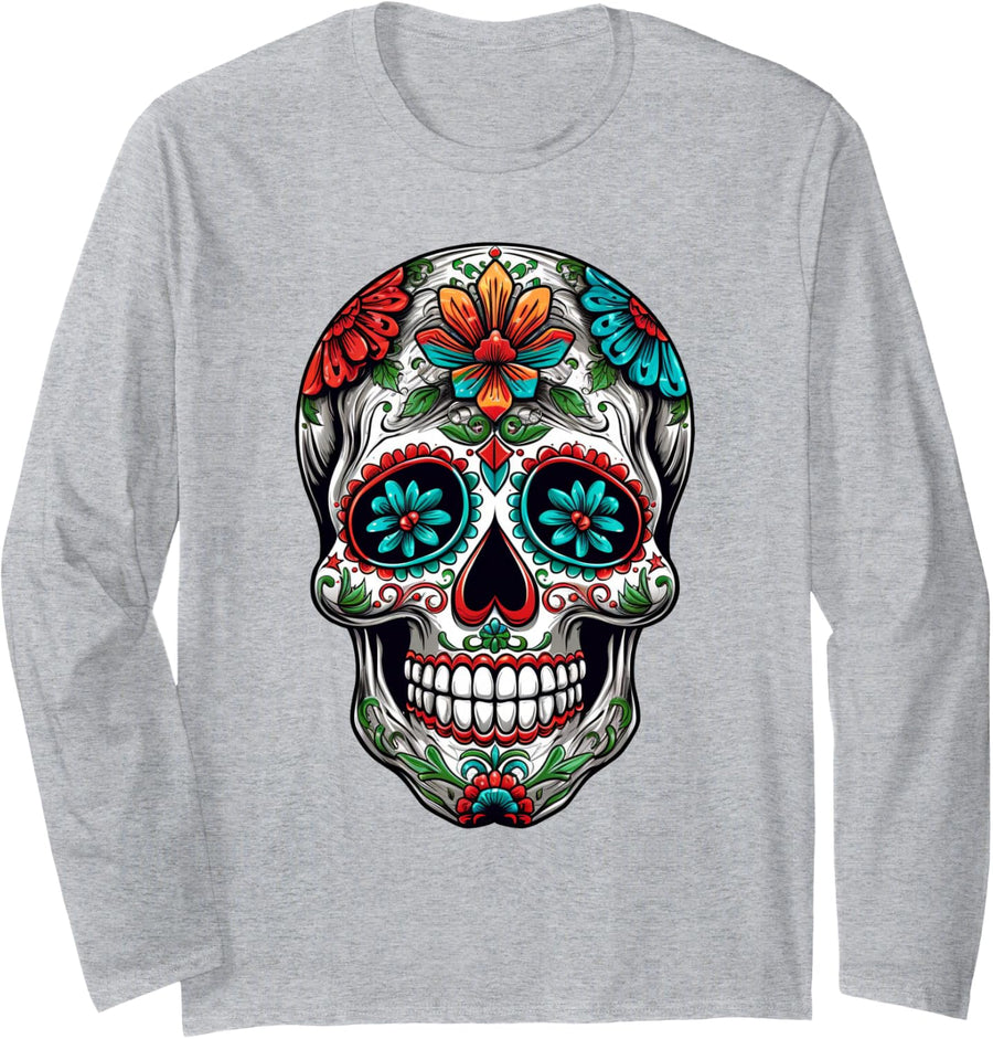 Dia De Los Muertos Costume Halloween Day of Dead Sugar Skull Long Sleeve T-Shirt - Adult Unisex Heather Grey