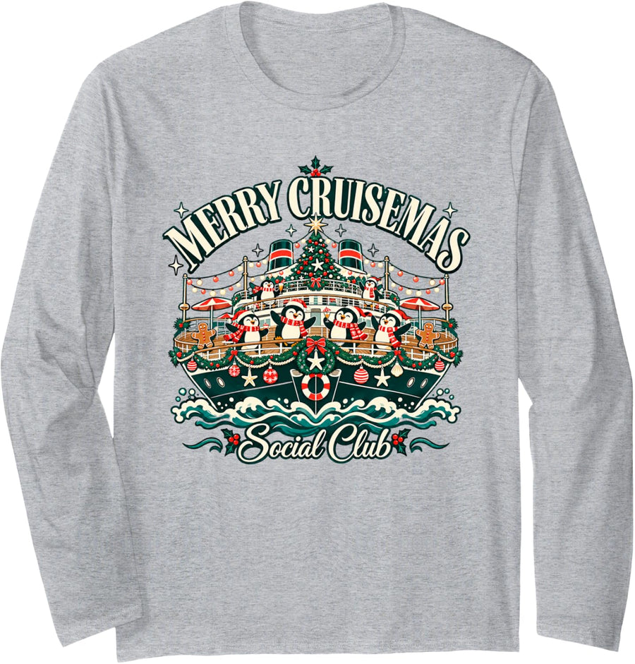 Penguin Deck Party Christmas Cruise Merry Cruisemas Long Sleeve T-Shirt - Adult Unisex Heather Grey