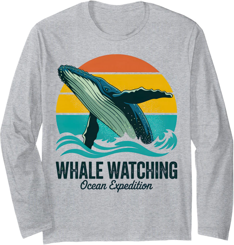 Whale Watching Ocean Expedition Retro Sunset Humpback Whale Long Sleeve T-Shirt - Adult Unisex Heather Grey