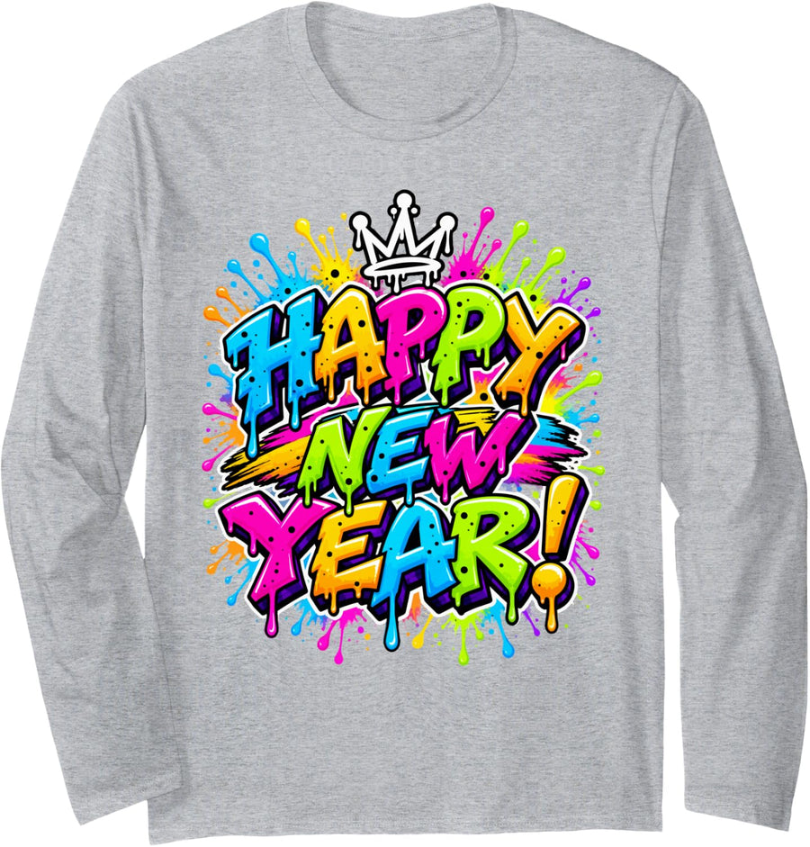 Happy New Year Colorful Graffiti Drip Art Long Sleeve T-Shirt - Adult Unisex Heather Grey
