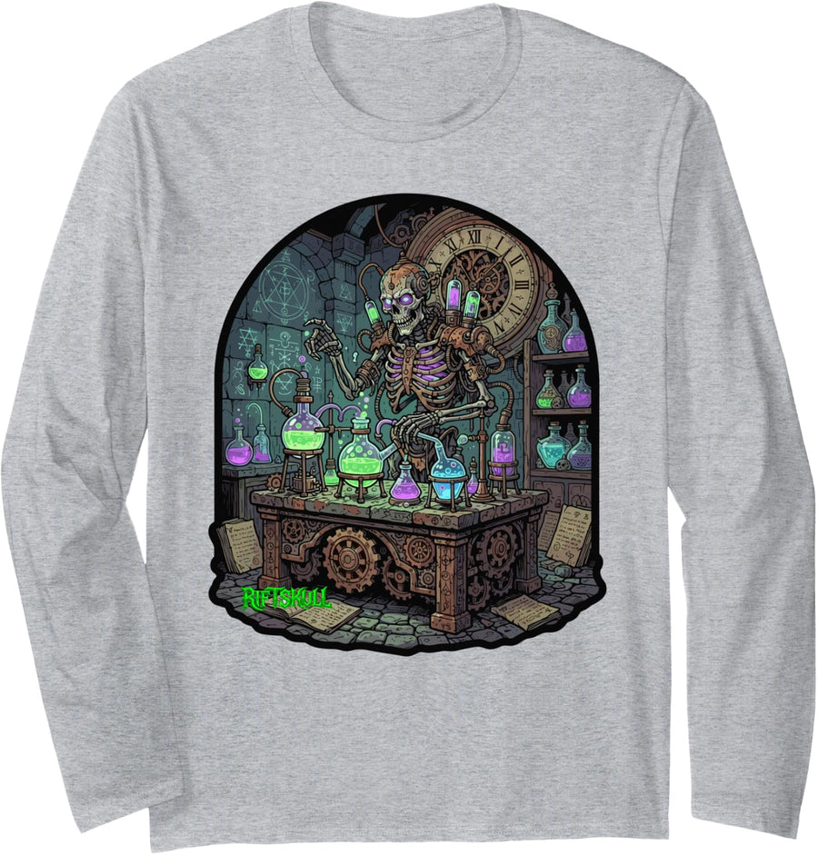 Skeleton Steampunk Alchemist Heavy Metal Rock Dark Fantasy Long Sleeve T-Shirt - Adult Unisex Heather Grey