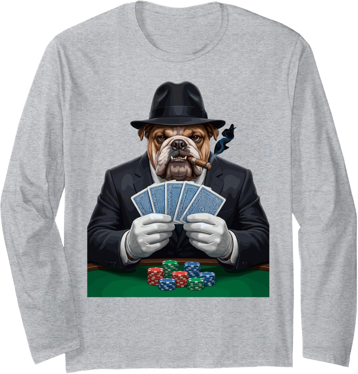 Bulldog Gangster Poker Player Poker Chips Playing Cards Tee Long Sleeve T-Shirt - Adult Unisex Heather Grey