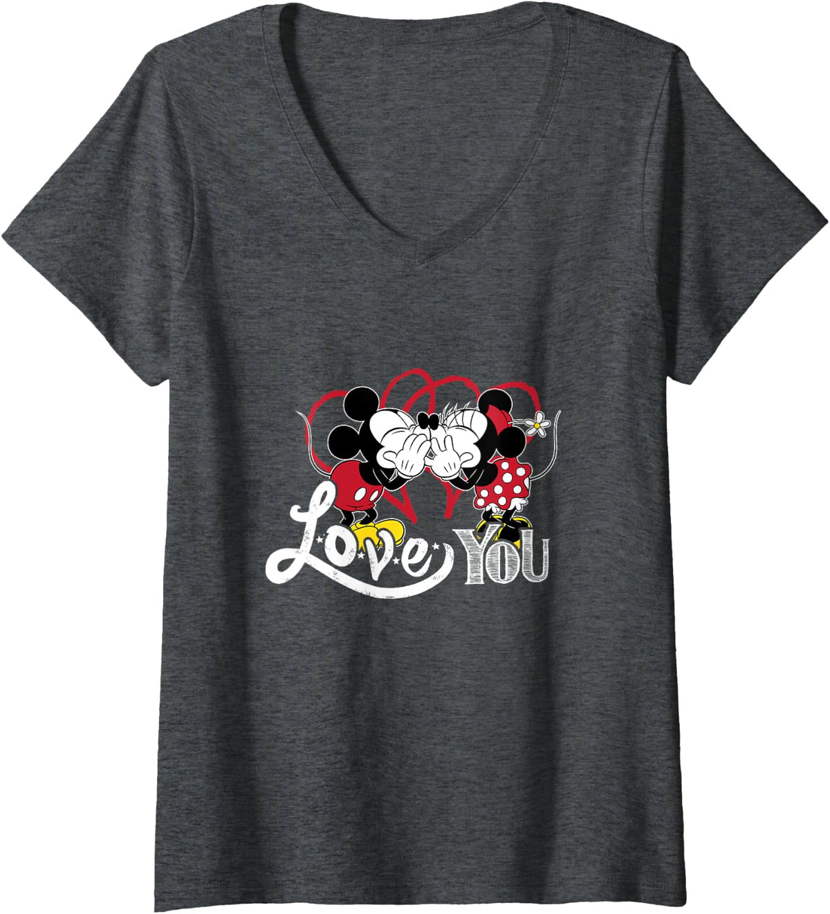 Womens Disney Mickey & Minnie Mouse Love You Secret Valentine’s Day V-Neck T-Shirt - Dark Heather Grey