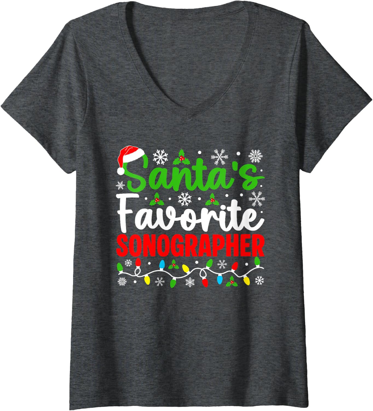 Women's Santa's Favorite Sonographer Funny Christmas V-Neck T-Shirt - Dark Heather Grey