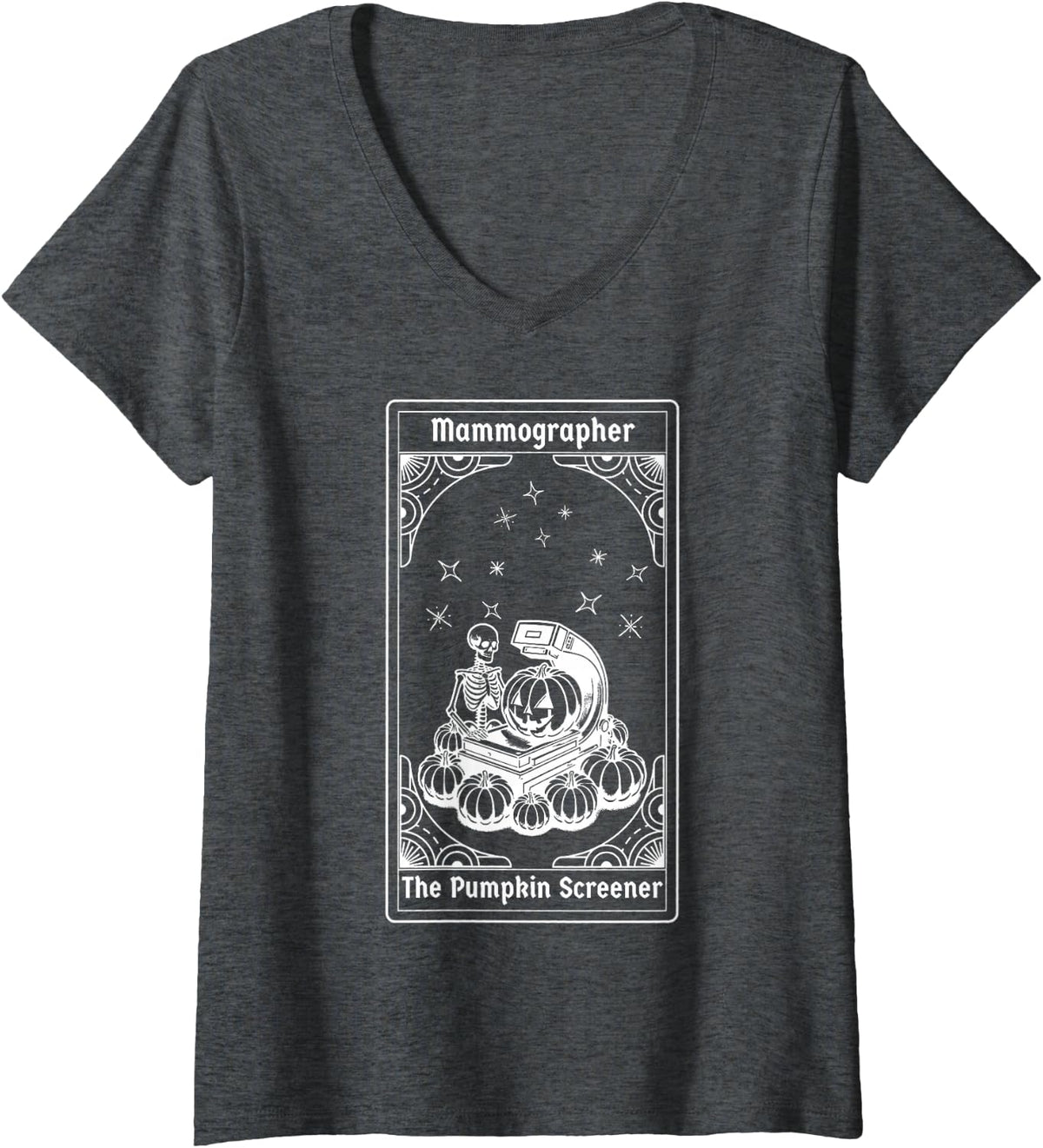 Women's Mammographer Skeleton Tarot Card Radiography Tech Halloween V-Neck T-Shirt - Dark Heather Grey