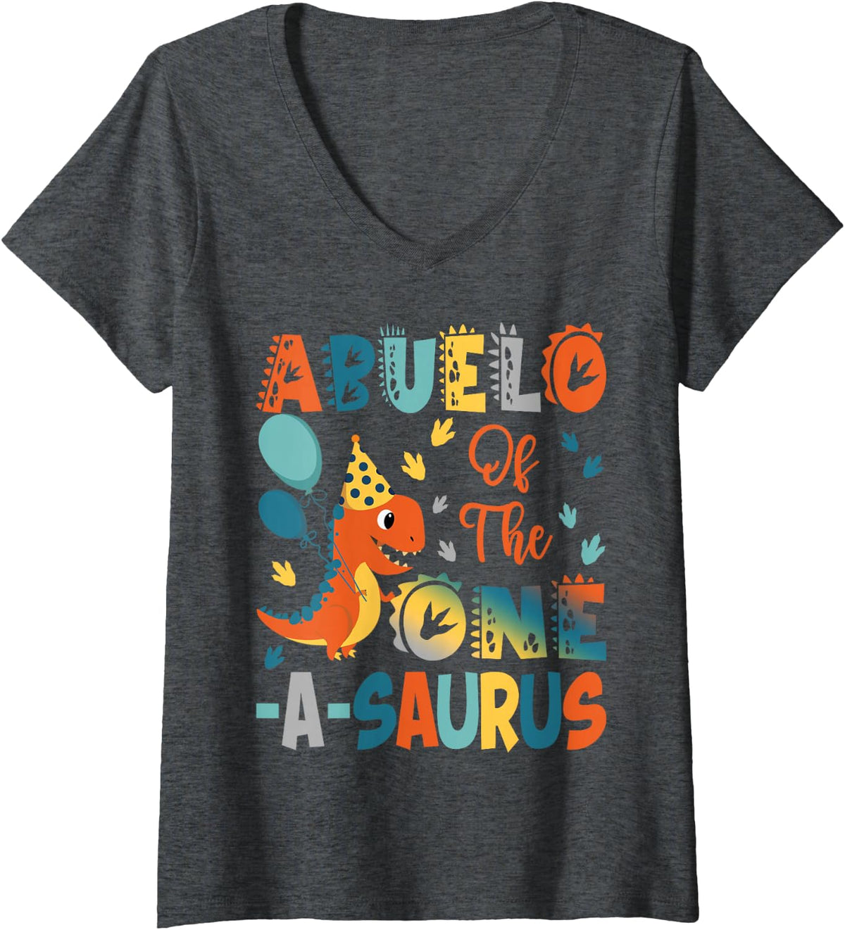 Women's Abuelo of The One-A-Saurus 2Nd Birthday Dinosaur Party V-Neck T-Shirt - Dark Heather Grey