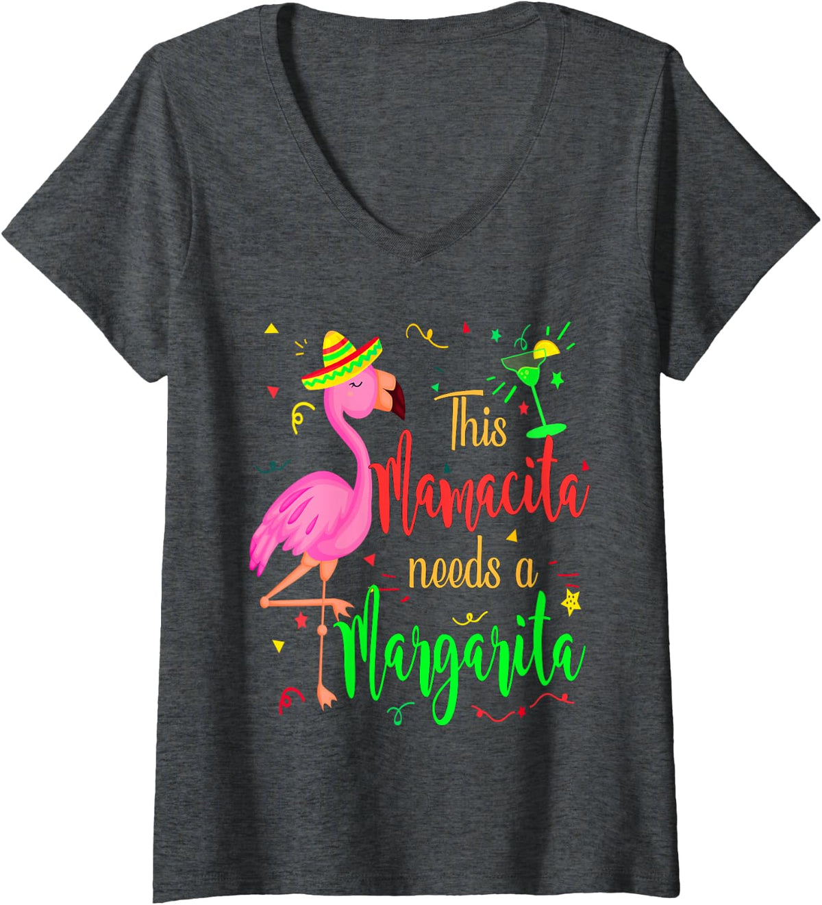 Womens This Mamacita Needs a Margarita Flamingo Mom V-Neck T-Shirt - Dark Heather Grey