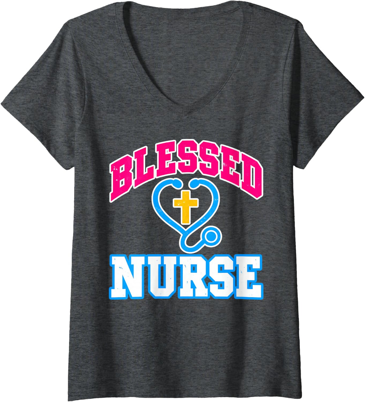 Women's Blessed Nurse Stethoscope Jesus Faith CNA Christian Nurse V-Neck T-Shirt - Dark Heather Grey