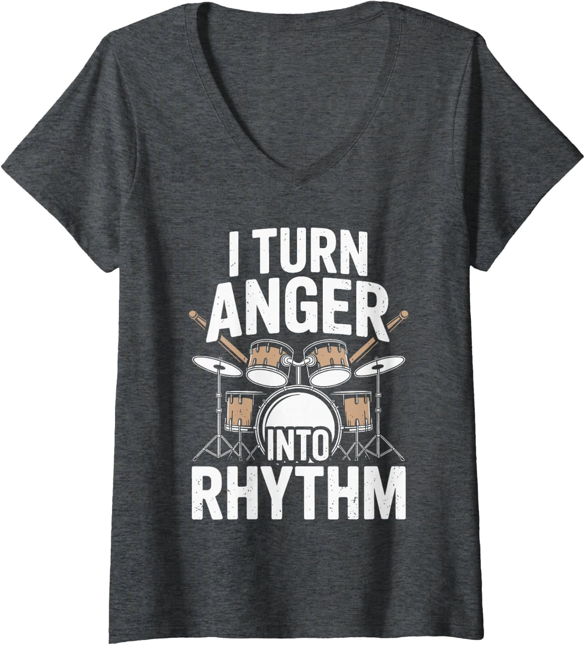 Women's I Turn Anger Into Rhythm Drumming Funny Drummer Band V-Neck T-Shirt - Dark Heather Grey