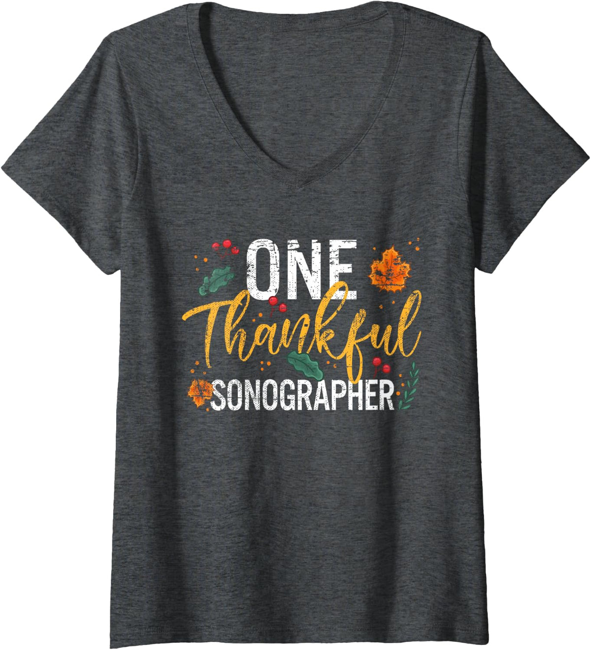 Women's One Thankful Sonographer Thanksgiving Vintage V-Neck T-Shirt - Dark Heather Grey