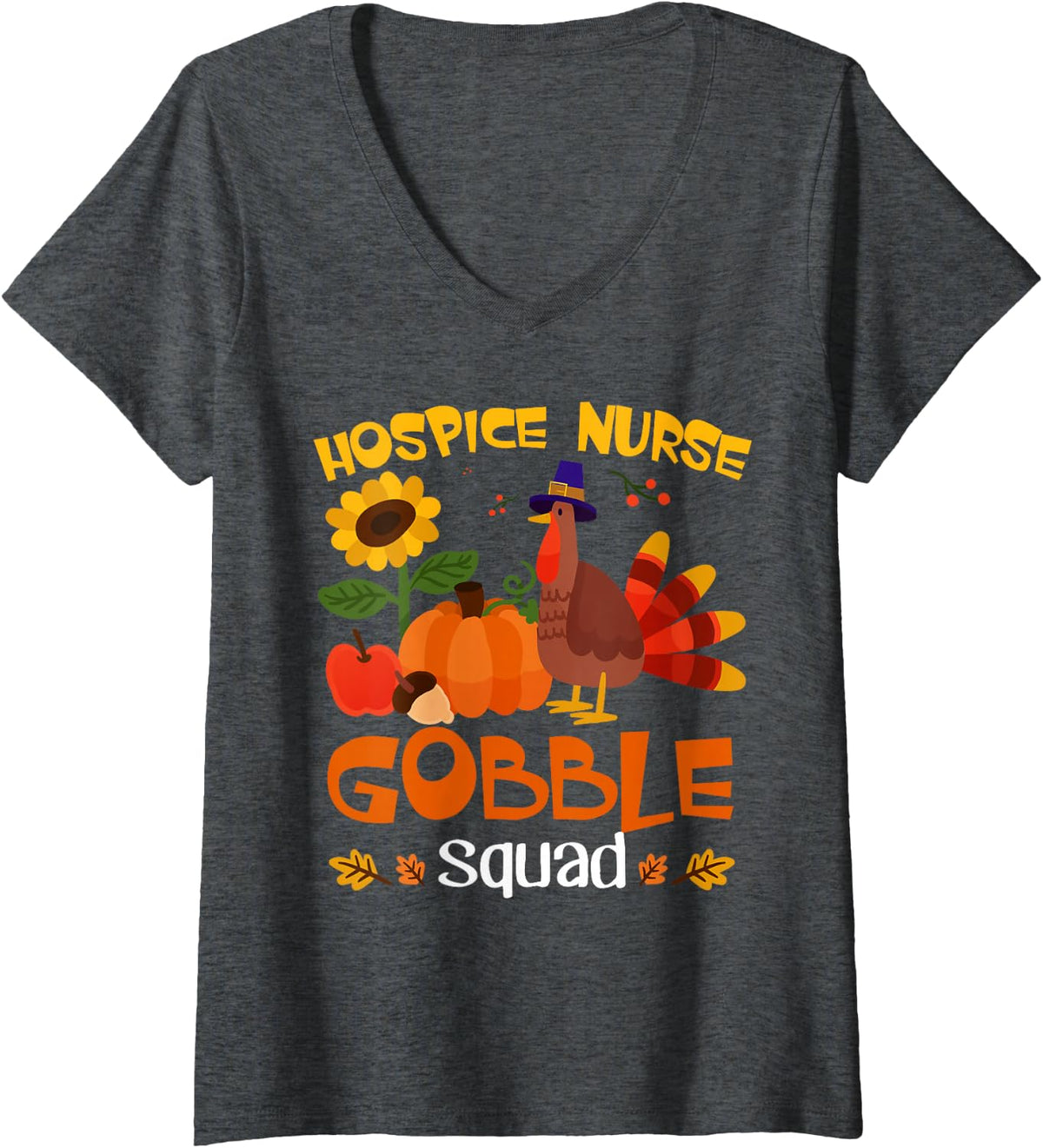 Women's Hospice Nurse Gobble Squad Turkey Thanksgiving V-Neck T-Shirt - Dark Heather Grey