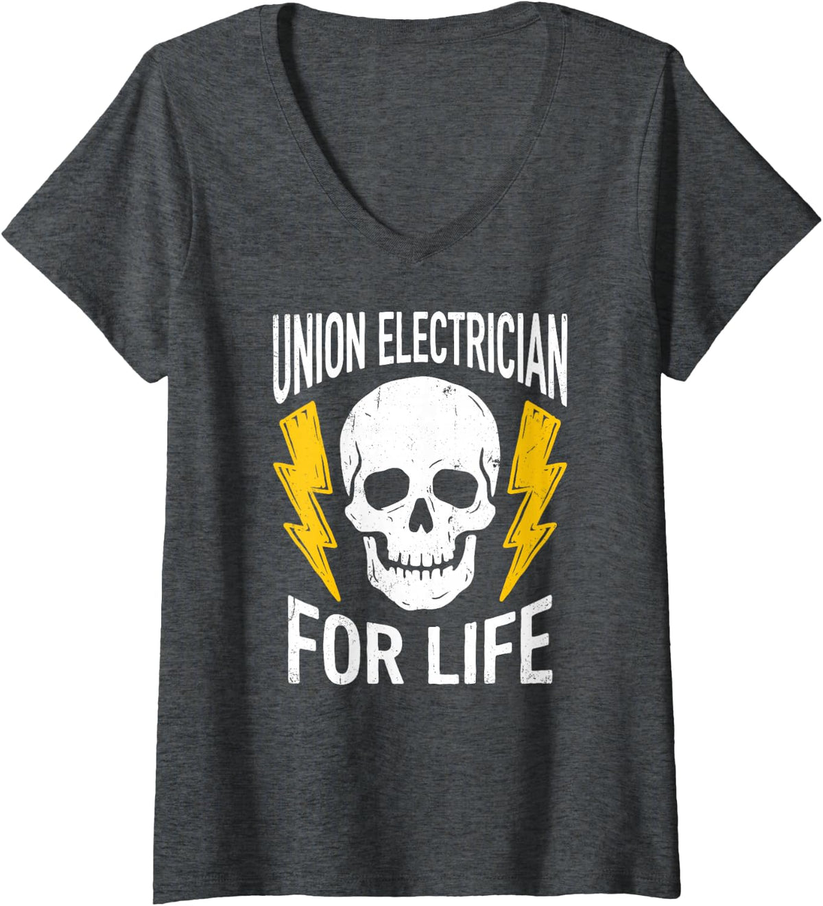 Women's Union Electrician Skeleton Skull Electrical Worker Lineman V-Neck T-Shirt - Dark Heather Grey