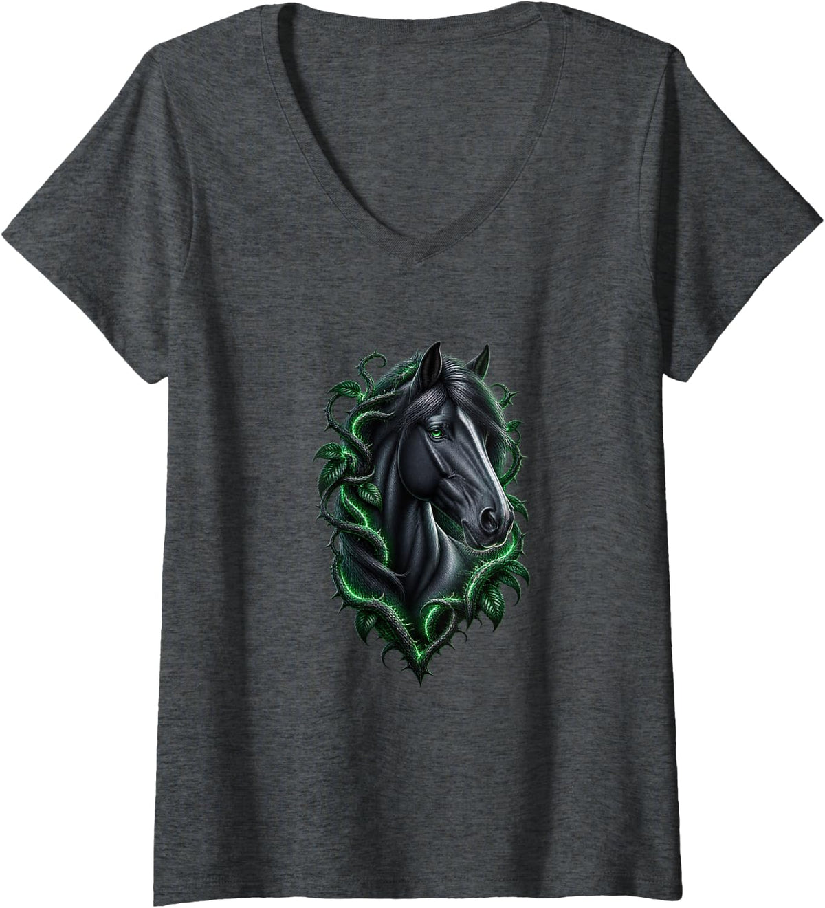 Women's Horse with Green Thorn Curls V-Neck T-Shirt - Dark Heather Grey